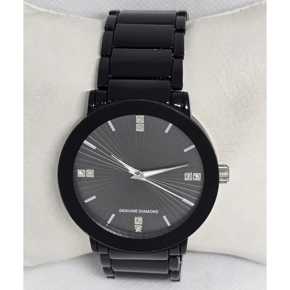 Men's Classic Round Genuine Diamond Round Black Dial Case Link Bracelet Watch 13 - Picture 4 of 6